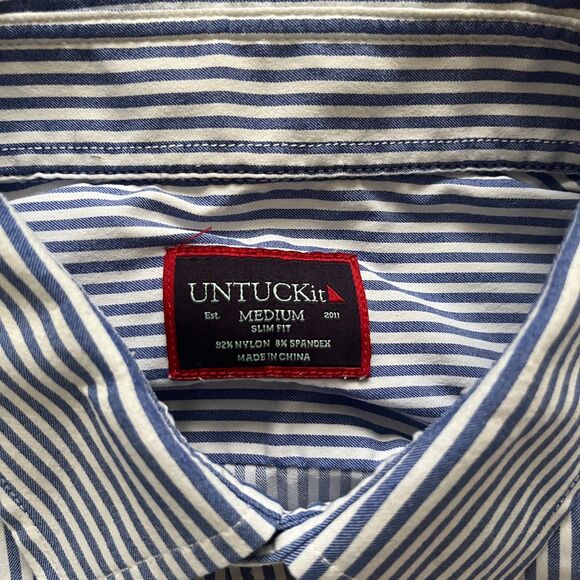 UNTUCKit Blue Shirt Men's M Striped Button Up Nylon Stretch Slim Fit Terzolo - Picture 2 of 6